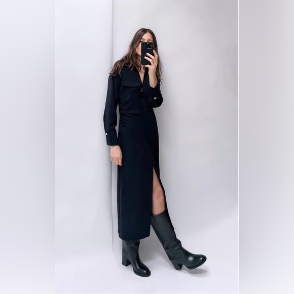 Zara Dresses & Skirts - Zara Navy Zippered Shirt Midi Dress Size Small